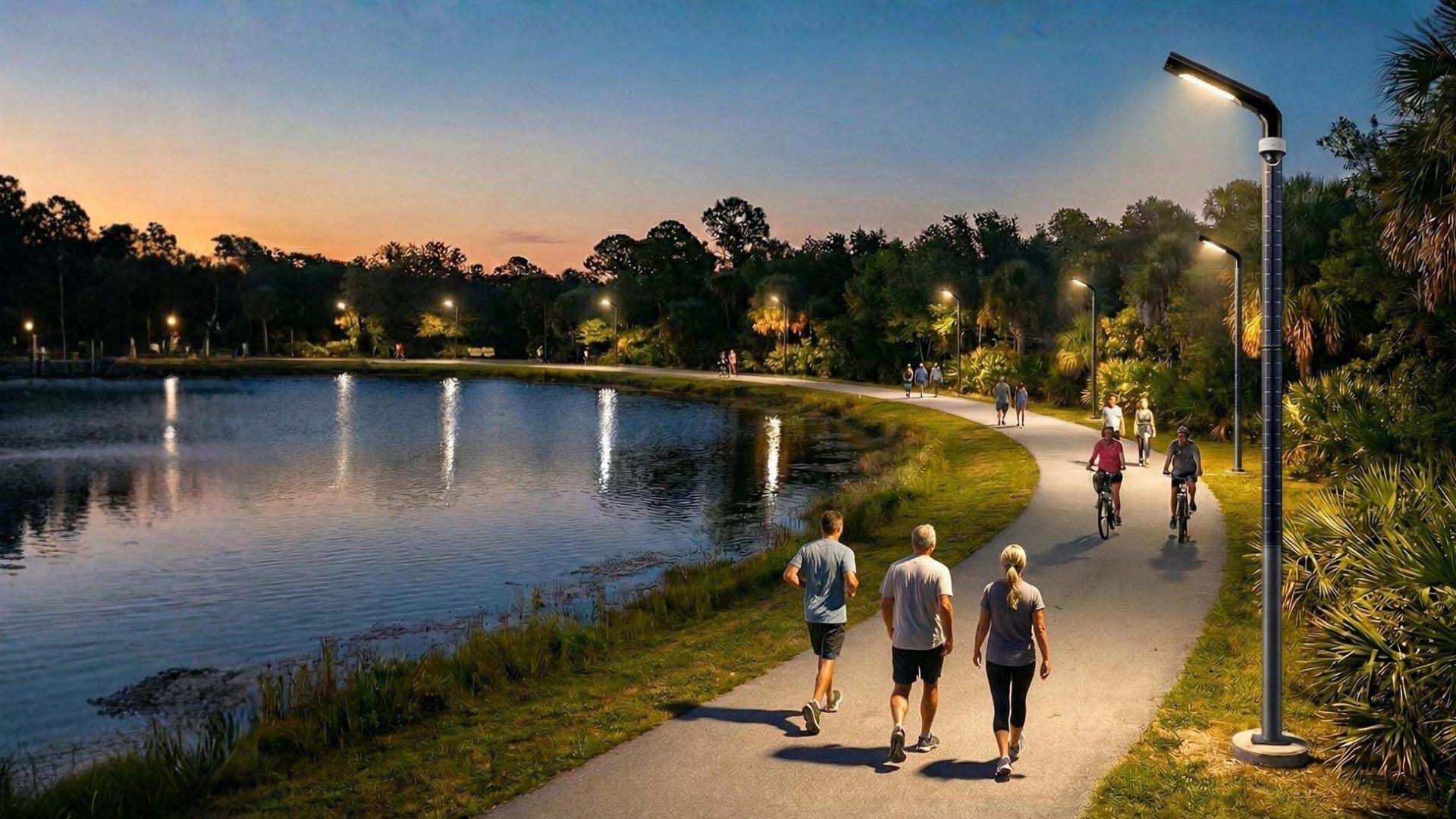 Community trail lit by SOS smart streetlights at dusk